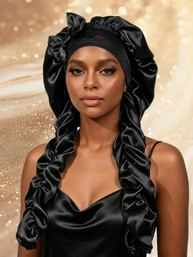 2PCS Satin Bonnet Hair Protection Cap, 2-in-1 Sleep Cap with Long Curling Ribbons, No-Slip Hair Cover for Curly Hair, Braids, Long Hair Care and Outdoor Sun Protection
