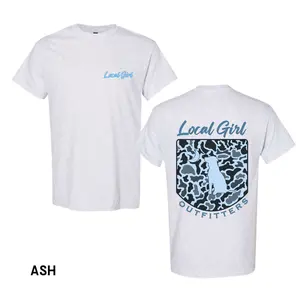 Local Girl Outfitters T-shirt, Blue Classic Camouflage Design Featuring a Dog and Moon Graphic Cotton Tee, Trendy Outfoors Vintage Shirt