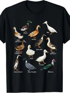 Duck Lover T-Shirt| World Types of Duck Waterfowl Animals, Vintage Style, Crew Neck, Slight Stretch Fabric, Regular Fit, All-season, Drawing Pattern