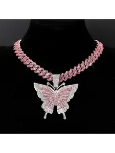 Hip-Hop Colorful Cuban Chain Necklace with Butterfly Pendant, Dazzling Romantic Gemstone Jewelry for Men Women, Trendy Streetwear Fashion Accessory, Ideal Holiday Birthday Anniversary Festival Gift for Him and Her