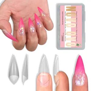 NOVO OVO Sharp Stiletto Soft Gel Nail Tips Half Cover, Extra Thick V Shape Shallow Paste Flase Nails Press on, Matte Base Clear Pointed Fake Nail Acrylic Extension for Salon DIY x 16 Sizes 224pcs