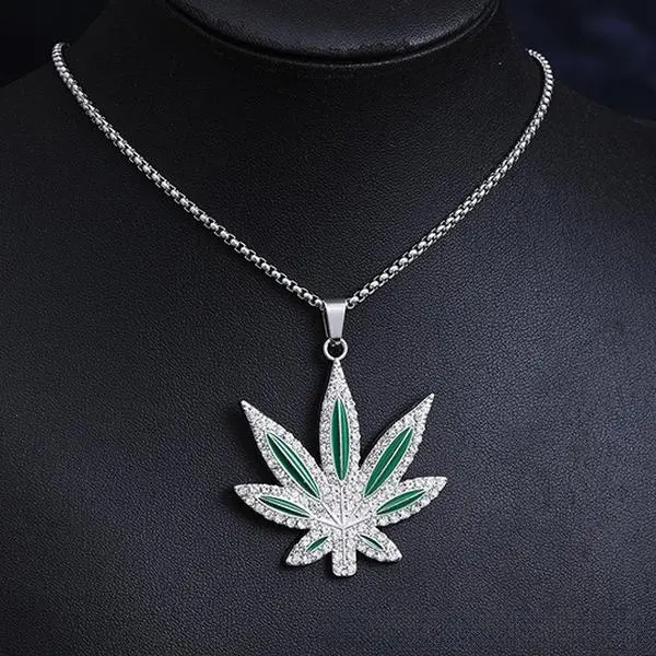 ced Out Maple Leaf Pendant Necklace - Rhinestone Cuban Link Chain, Punk Goth Streetwear Jewelry for Men & Women, Party Club Gift