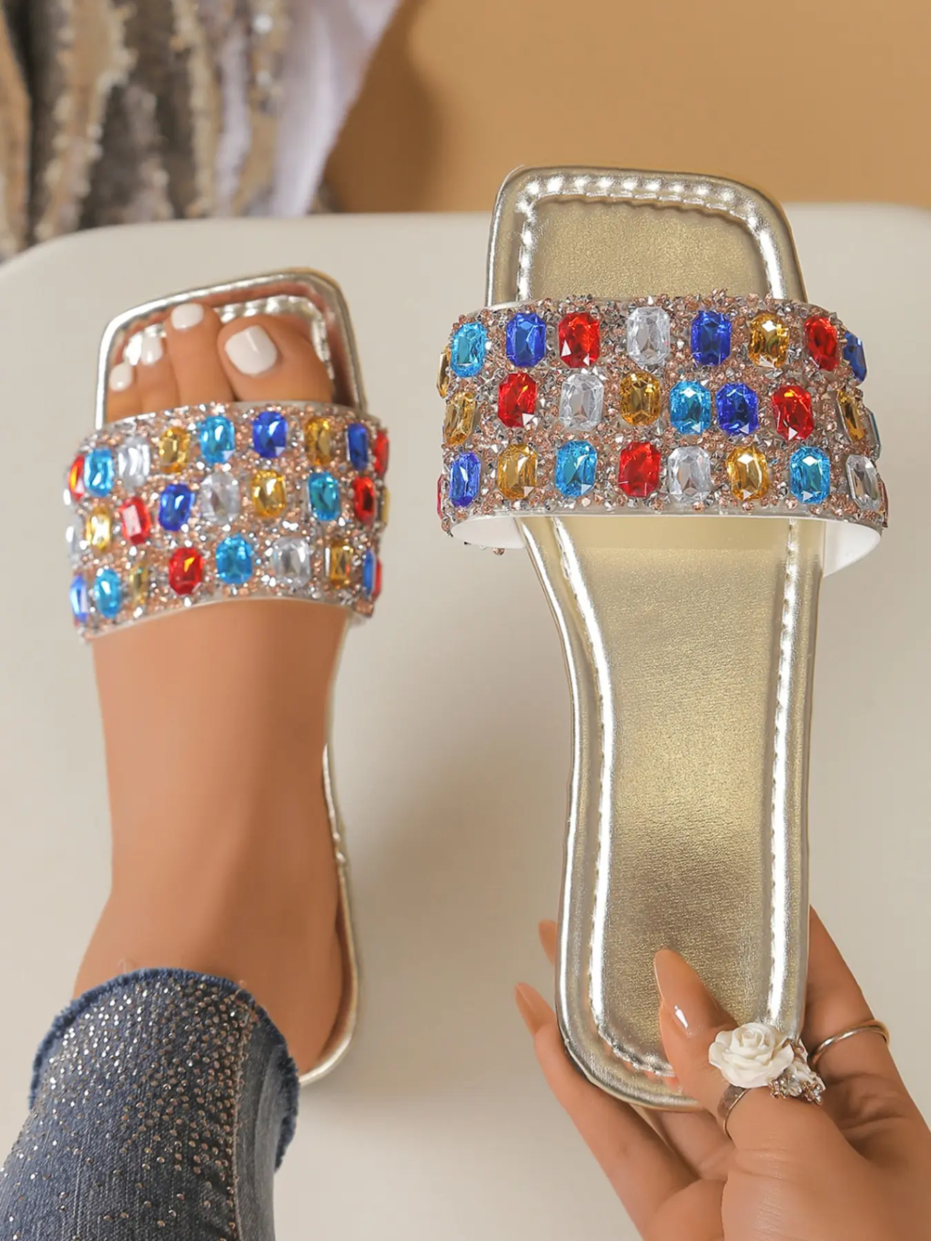 Women's Rainbow Rhinestone Sandals, Sweet and Elegant Design, Sparkling Full Rhinestones, Lightweight Soft Sole, Summer Party Casual Shoes