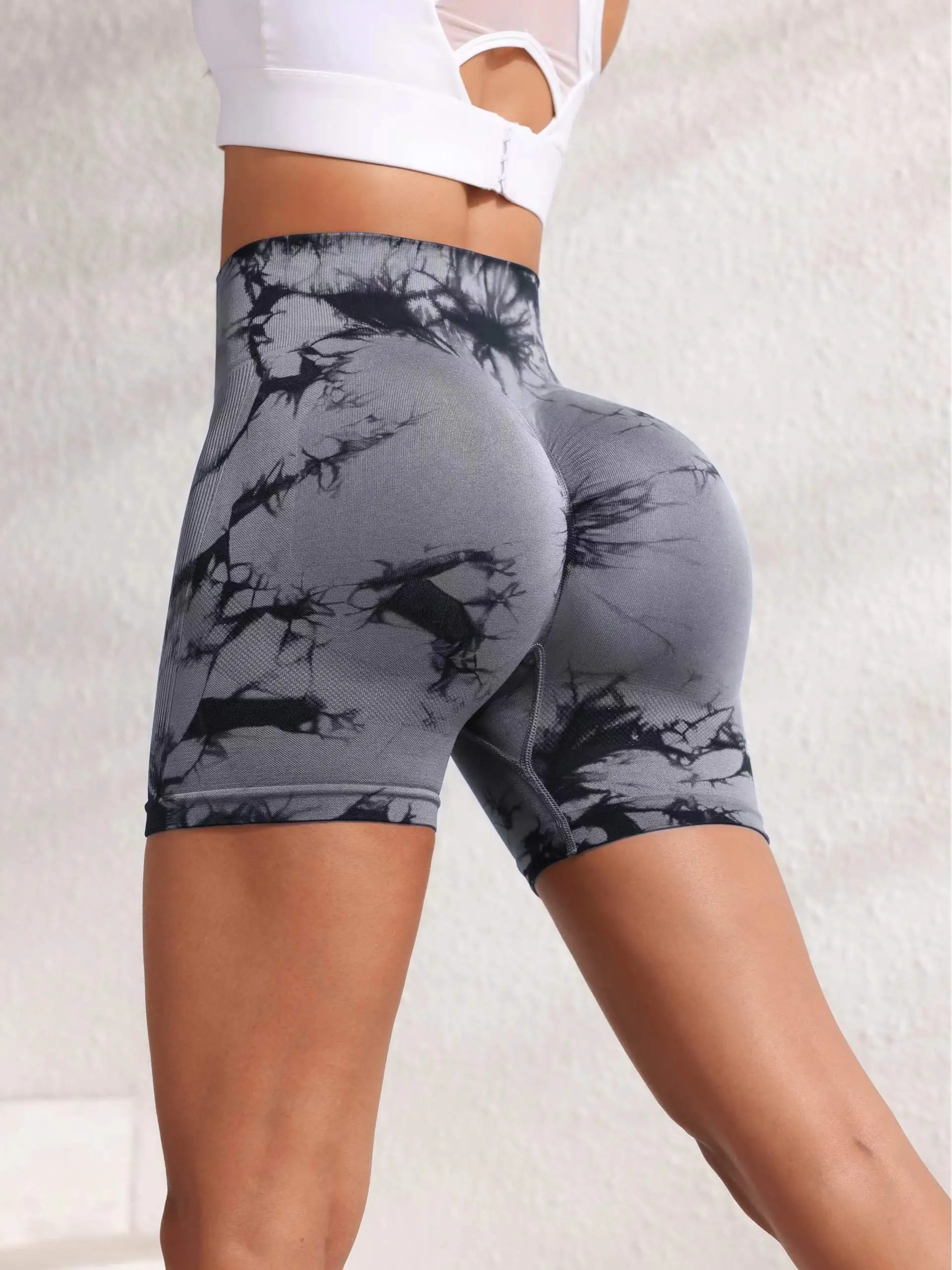 Tie-dye seamless tight yoga shorts — butt-lifting running/cycling yoga pants with high stretch for sports fitness