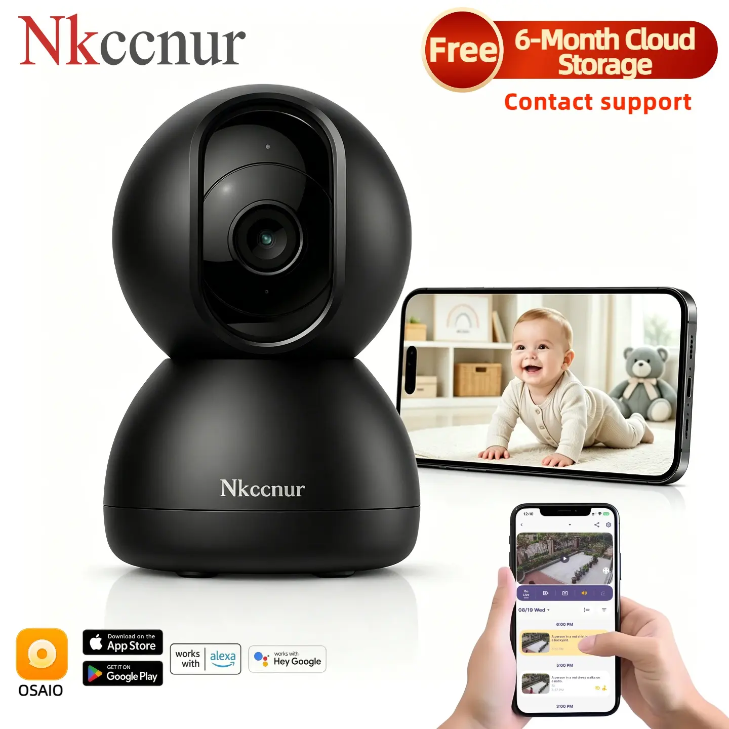 NKCCUNR 3MP Indoor Security Camera WiFi, 355° Pan & Tilt with Smart Motion Tracking, Night Vision, 2-Way Audio, Dual-Band 2.4GHz/5GHz WiFi, Cloud Storage, Home Camera for Baby Monitor, Pets, Nanny & Elder Care
