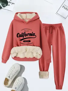 Women's Letter Print Thermal Lined Hoodie & Drawstring Waist Pants Two-piece Casual Lounge Set, Casual Long Sleeve Hooded Sweatshirt & Pocket Trousers for Fall & Winter, Women's Clothes for Daily Wear