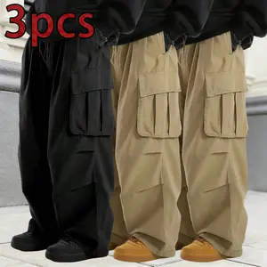 3-Pack Men’s Baggy Multi-Pocket Cargo Pants – Oversized Wide-Leg Streetwear Pants, Casual Y2K Skate Pants for Everyday Wear, Street Style & Outdoor