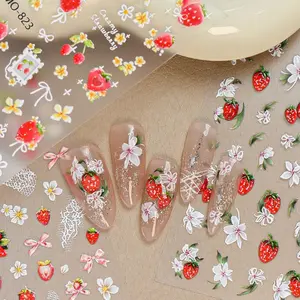 3D Embossed Strawberry Nail Stickers, Spring Cute Floral & Fruit Nail Decals, Self-Adhesive Nail Art Stickers, Easy Application Playful Nail Design Decorations for Acrylic Gel Nails