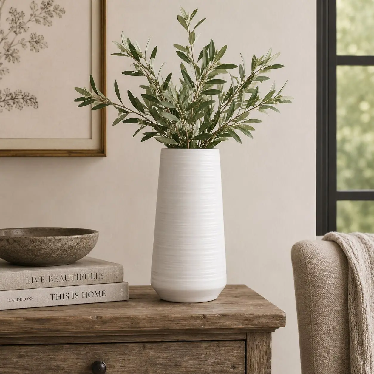 White Porcelain Ceramic  Ribbed Decorative Vase, 6" x 6" x 12"