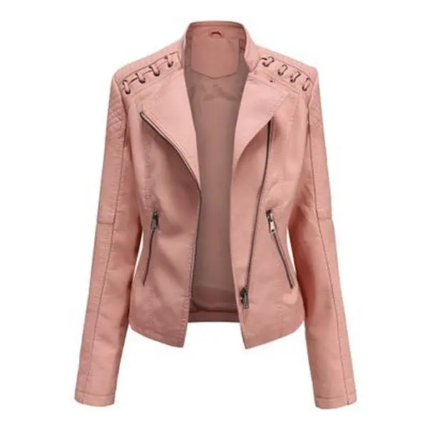 Women's Fitted PU Leather Motorcycle Coat - Lapel, Long Sleeve, Tops for Ladies, Sizes S-XXXL, Stylish Design, Coats, Style, Imitation, Casual, Longsleeves, Lady, Slim, Evening, Cool Weather