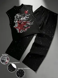 Men's Rhinestone Print Nail Sleeveless Vest & Silver Color Long Pants Set, Casual Fit, Perfect for Daily Wear, Fashionable Comfortable Men's Clothing