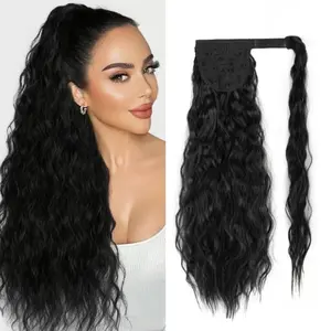 Long Corn Wave Ponytail Extension Magic Paste HeatResistant Wavy Synthetic Wrap Around Black Hairpiece for Women Safe Styling Tool Hair Weave