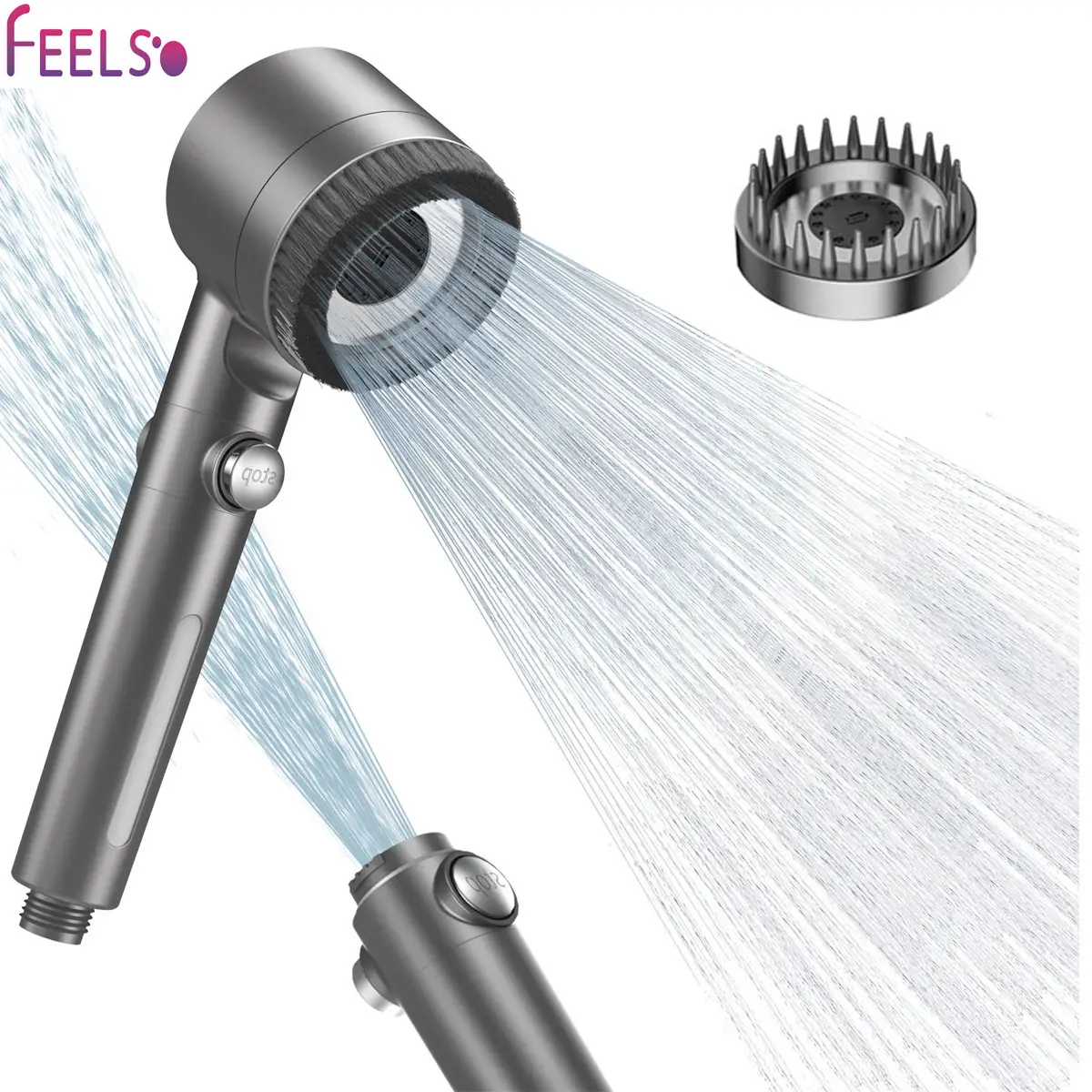 FEELSO Handheld Shower Head with Massage Head and Brush Head ,Stainless Steel Hose, Built-in Filtered, Wash to Clean Tub, Clean Corner,Tile & Pets Bat