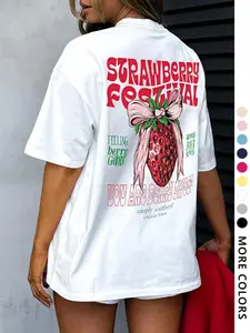 Women's Strawberry Print Round Neck Tee, Fashion Casual Fruit Graphic Short Sleeve Fitted T-shirt for Daily Wear, Ladies Summer Clothes, Top, Womenswear