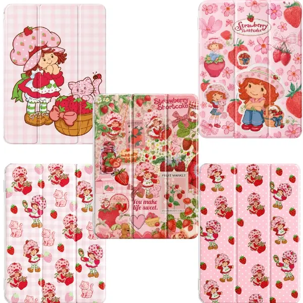 Strawberry Shortcake iPad Case, Cute Strawberry Tablet Cover, Retro Pink Strawberry Girl iPad Case, Folio Stand Case for iPad Air Mini Pro 11 13, Gift for Her