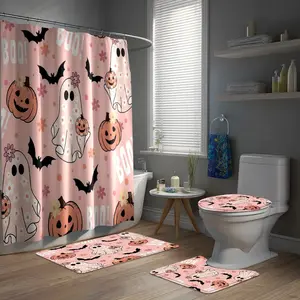 Halloween Spooky Ghost Pumpkin Shower Curtain Set, Multifunctional Bathroom Accessories with Hooks, Perfect Gift for Friends and Family