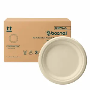 Bosnal - Sugarcane Bagasse Compostable 7 inch Round Plates - Case of 20 (500 Pcs)