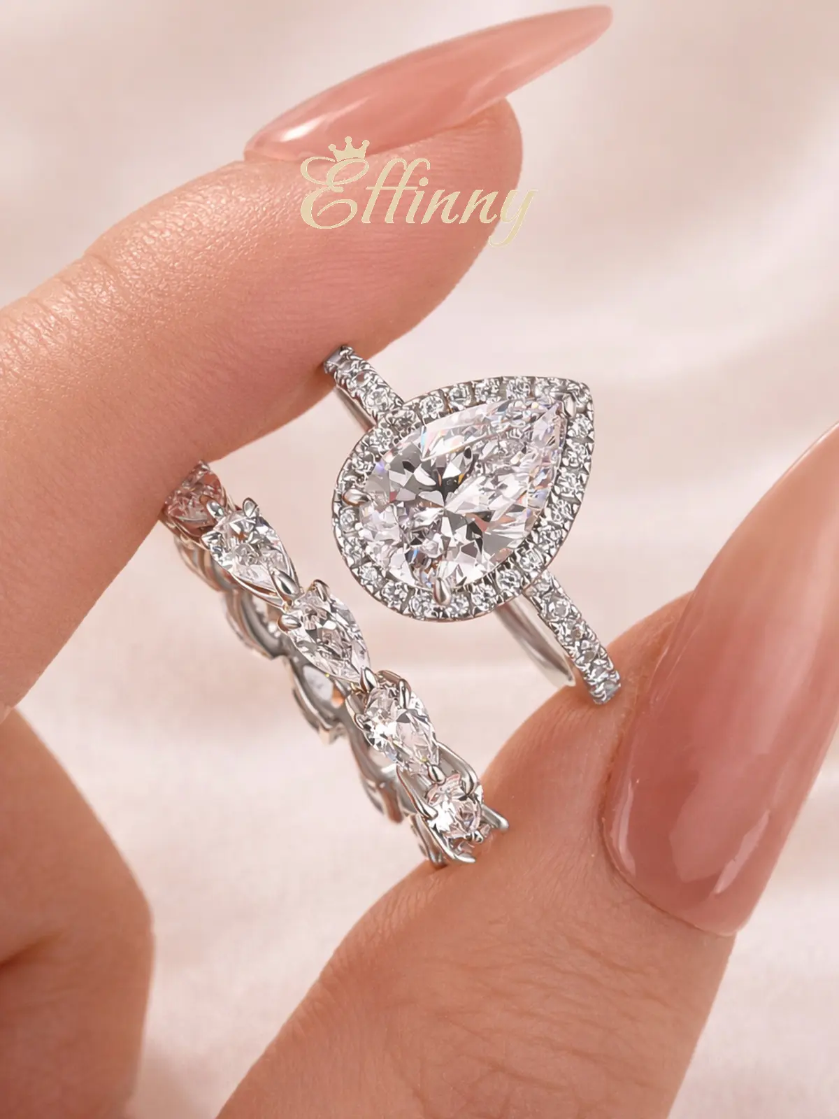 Effinny Non-tarnish 3.0ct Halo Pear 2PC Wedding Ring Set, 925 Sterling Silver Promise Ring with Eternity Band, 5A Cubic Zirconia Women's Ring for Party, Adults