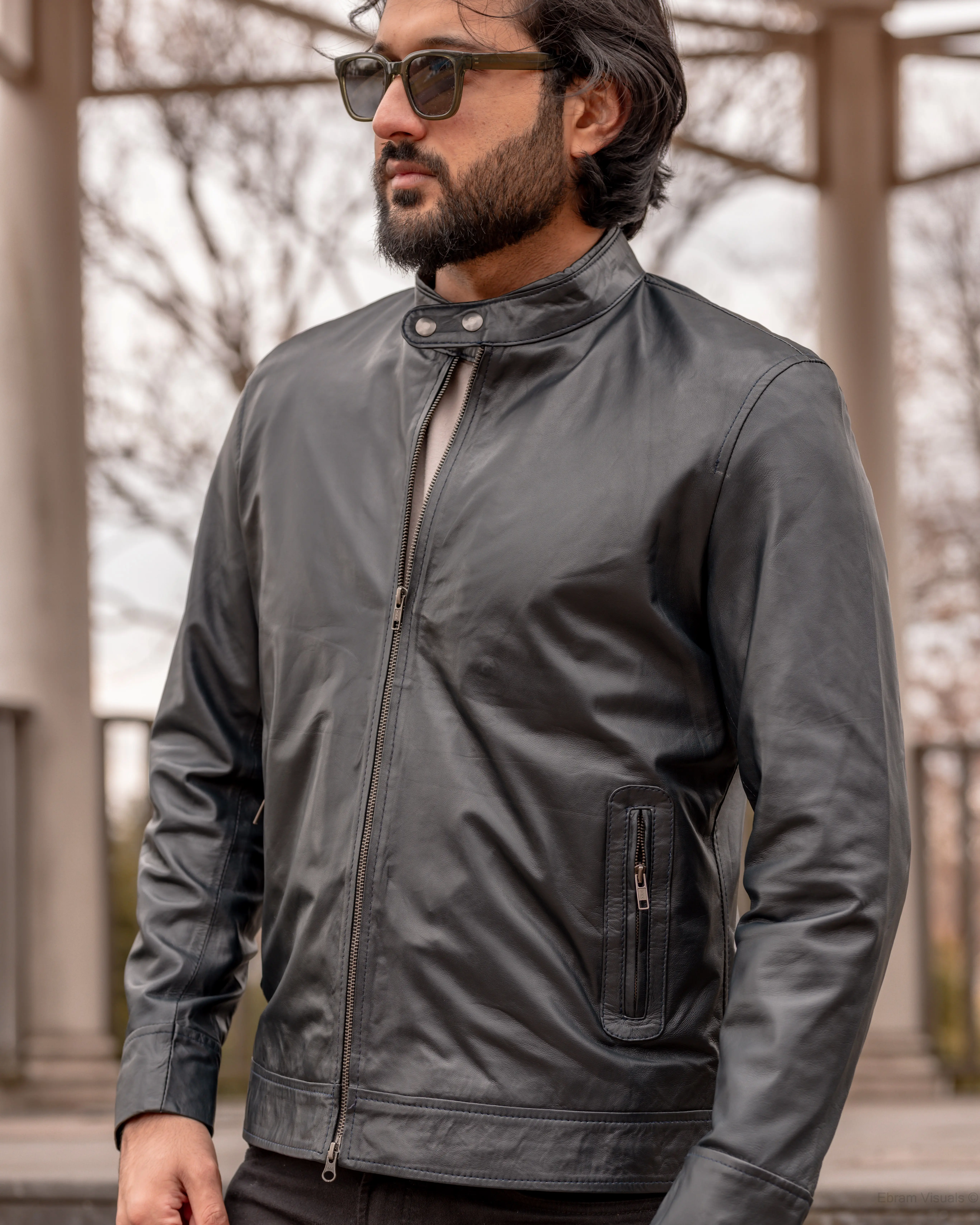 Khaal Men's Vintage Genuine Leather Racer Jacket in Classic Slate Blue - Handmade Retro Angel Style
