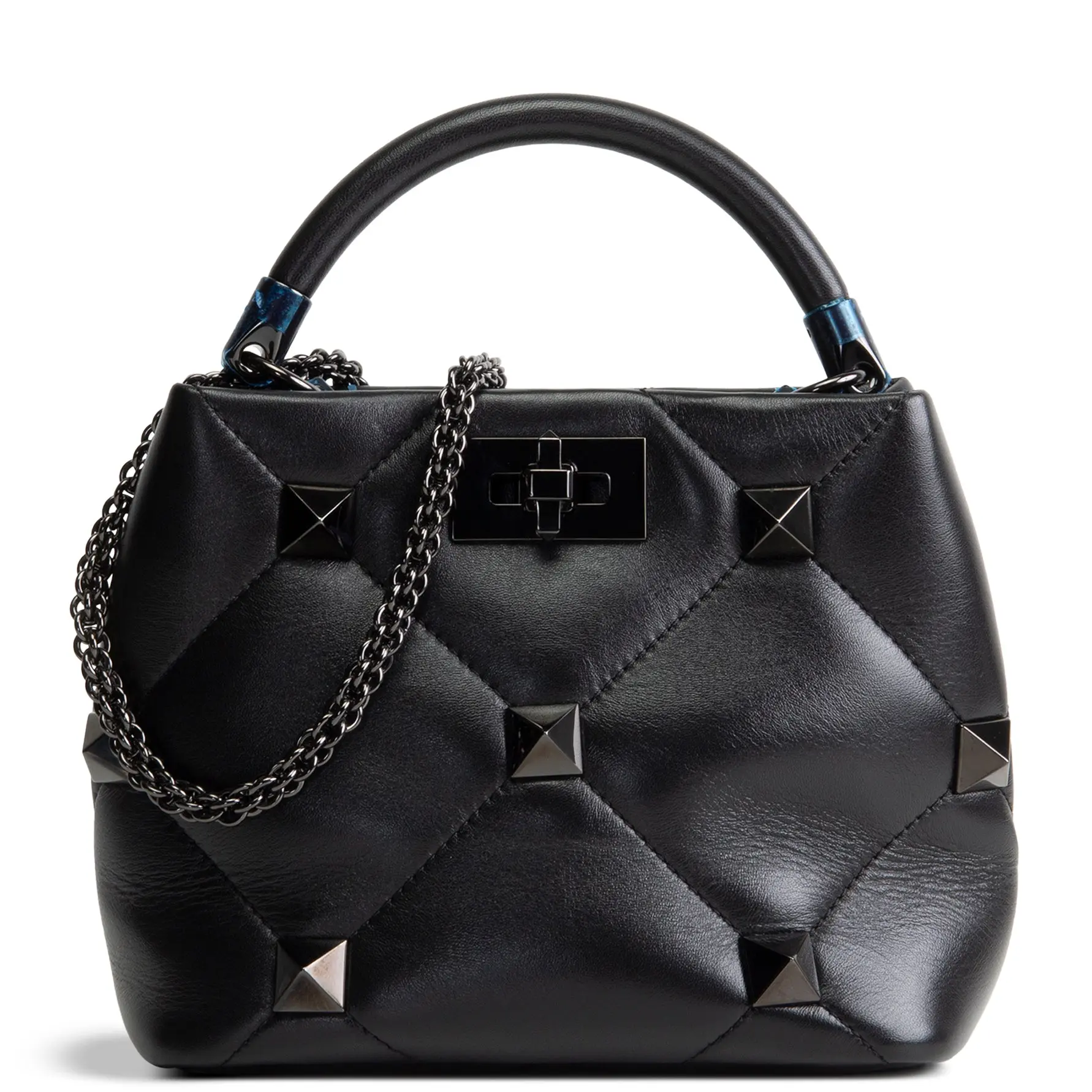 Pre-owned Valentino Quilted Lambskin Leather with Studded Accents Crossbody Bags Roman Stud Top Handle Black