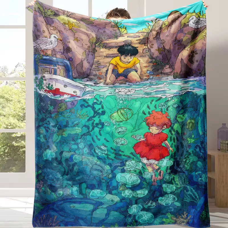 Ponyo Cartoon Printed Flannel Throw Blanket - Fuzzy Soft, Cozy, Warm Decorative Sofa Blanket for Bedroom, Travel, Giftable Home Textile, Cartoon Printed Blanket