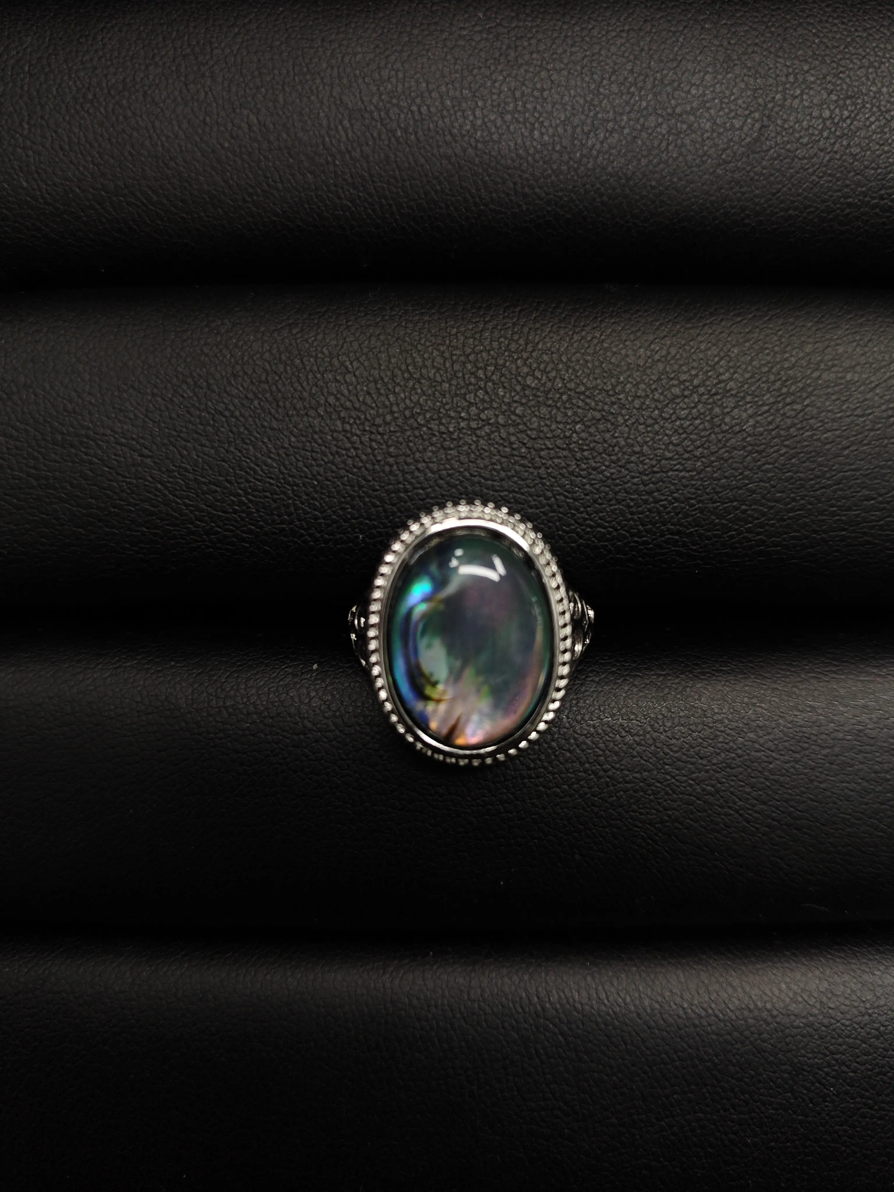 Ruby(10989)gc.Northern Lights Ring - Iridescent Oval Opal with Ornate Silver Border & Engraved Detailing