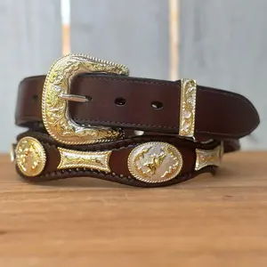 Dark Brown Concho Western Belt Made with Genuine Leather and Alpaca Metal Conchos