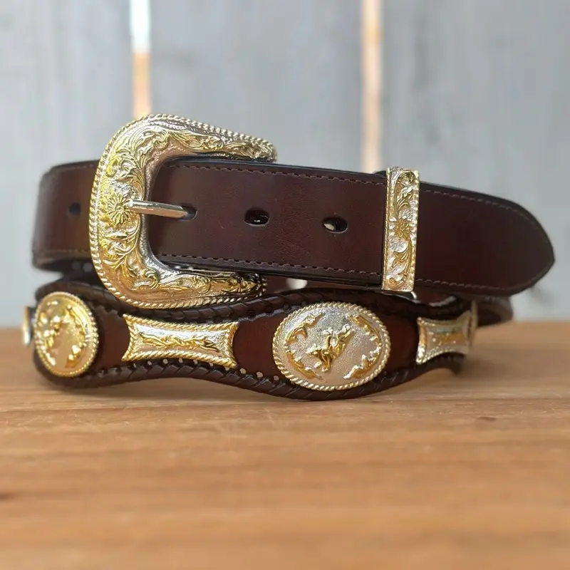 Dark Brown Concho Western Belt Made with Genuine Leather and Alpaca Metal Conchos