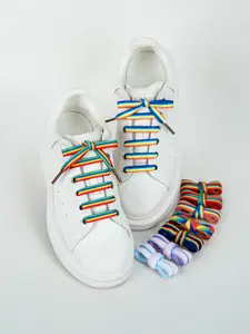 Copper Color Metal Head Rainbow Line Flat Wide Shoelaces, Casual Sports Shoe Laces for Daily Use, Comfortable and Durable