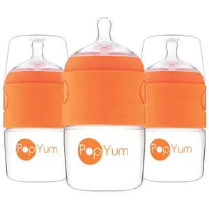 PopYum 5oz Anti-Colic Baby Bottle for Breast and Formula Feeding, 3-Pack, Orange, #1 Slow Flow Nipples
