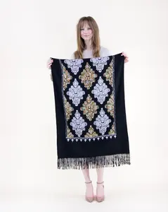 Elegant Baroque Medallion Fringe Scarf Shawl - Black with Gold & White Embroidery - Versatile All-Season Accessory