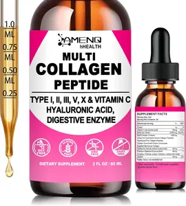 Multi Collagen Peptides Liquid Drops for Women & Men, Hydrolyzed Collagen Peptides Type (I, II, III, V, X)Proteins Complex W. Hyaluronic Acid, Biotin & Vitamin C, 2 Fl oz Pack of 1