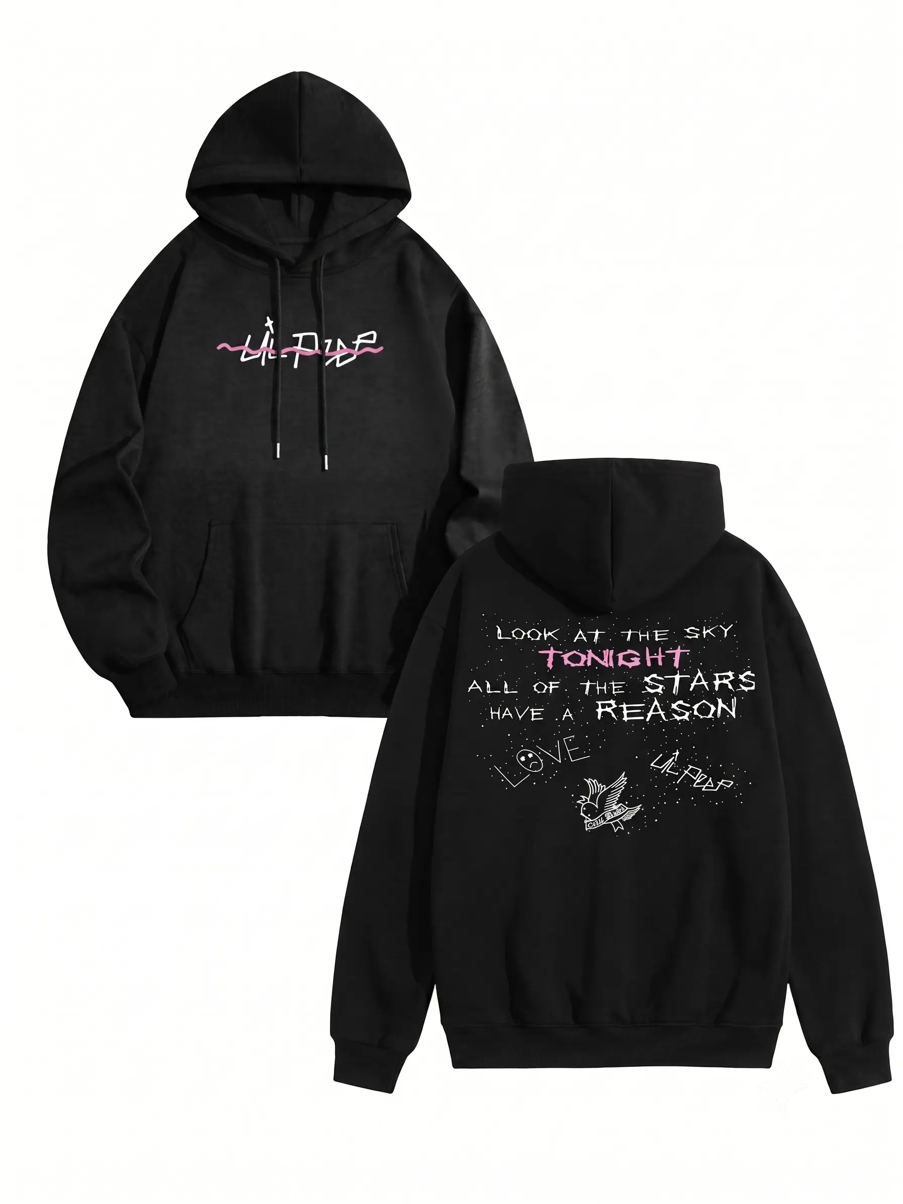 Menswear Lil Peep "Look at the Sky Tonight" Graphic Cotton Tops - Soft Casual Fit Streetwear, Classic Rap-Themed T-Shirt, Sweatshirt, Hoodie with Pocket