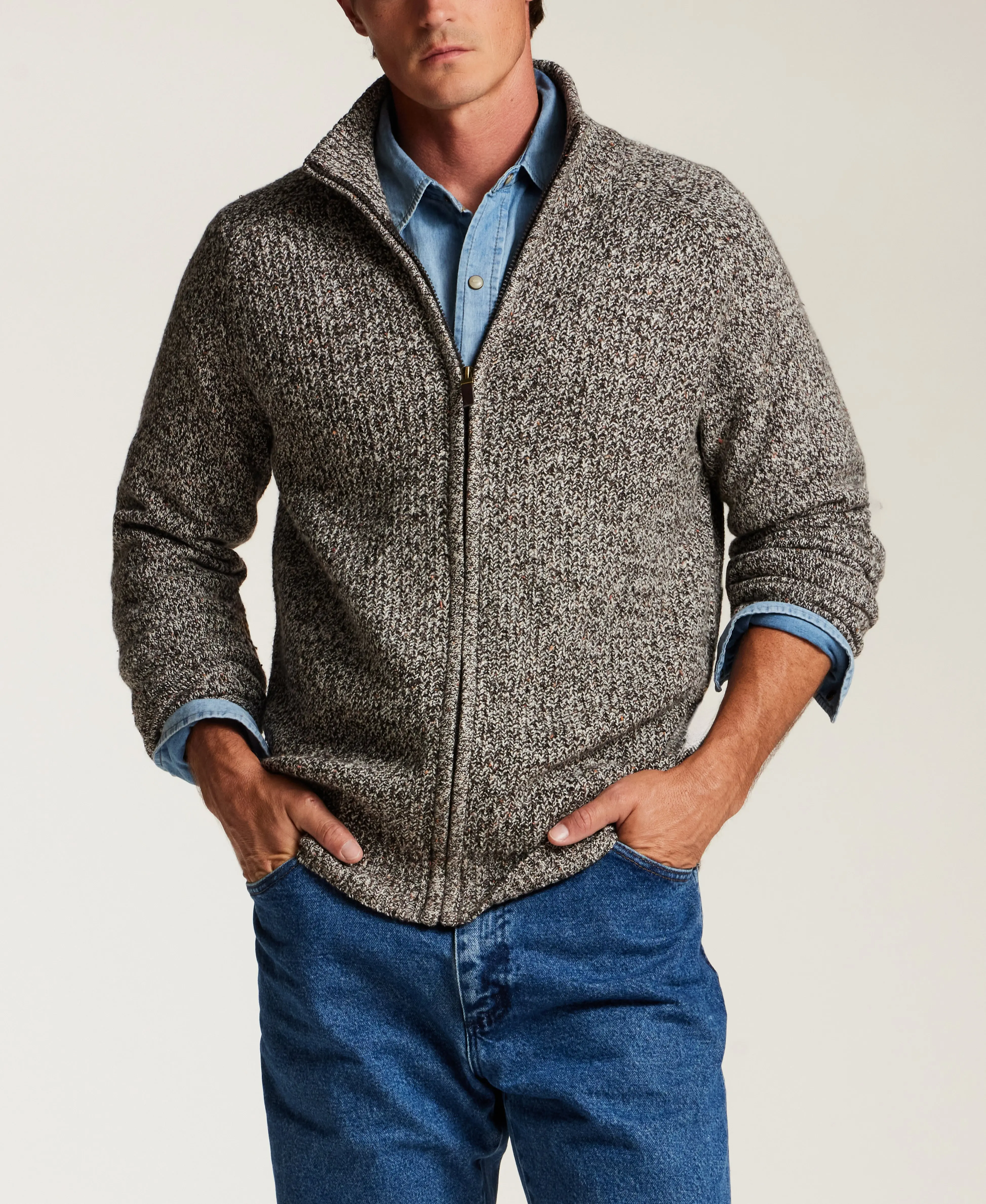 Donegal Marled Full-Zip Sweater in Chocolate