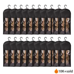 20PCS Black Extra Long Hair Extension Storage Bag with Wooden Hanger Dust-proof Portable Suit Transparent Zip Up Closure Lightweight Waterproof Hairpieces Holder