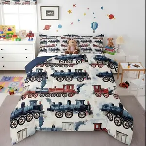 Vintage Steam Train Kids Comforter Set,- Locomotive Print Retro Car Bedding Set,- Cartoon Railway Vehicles Bed Set,Colorful Steam Engine Train Duvet Insert Gifts For Kids Boys Home Decor
