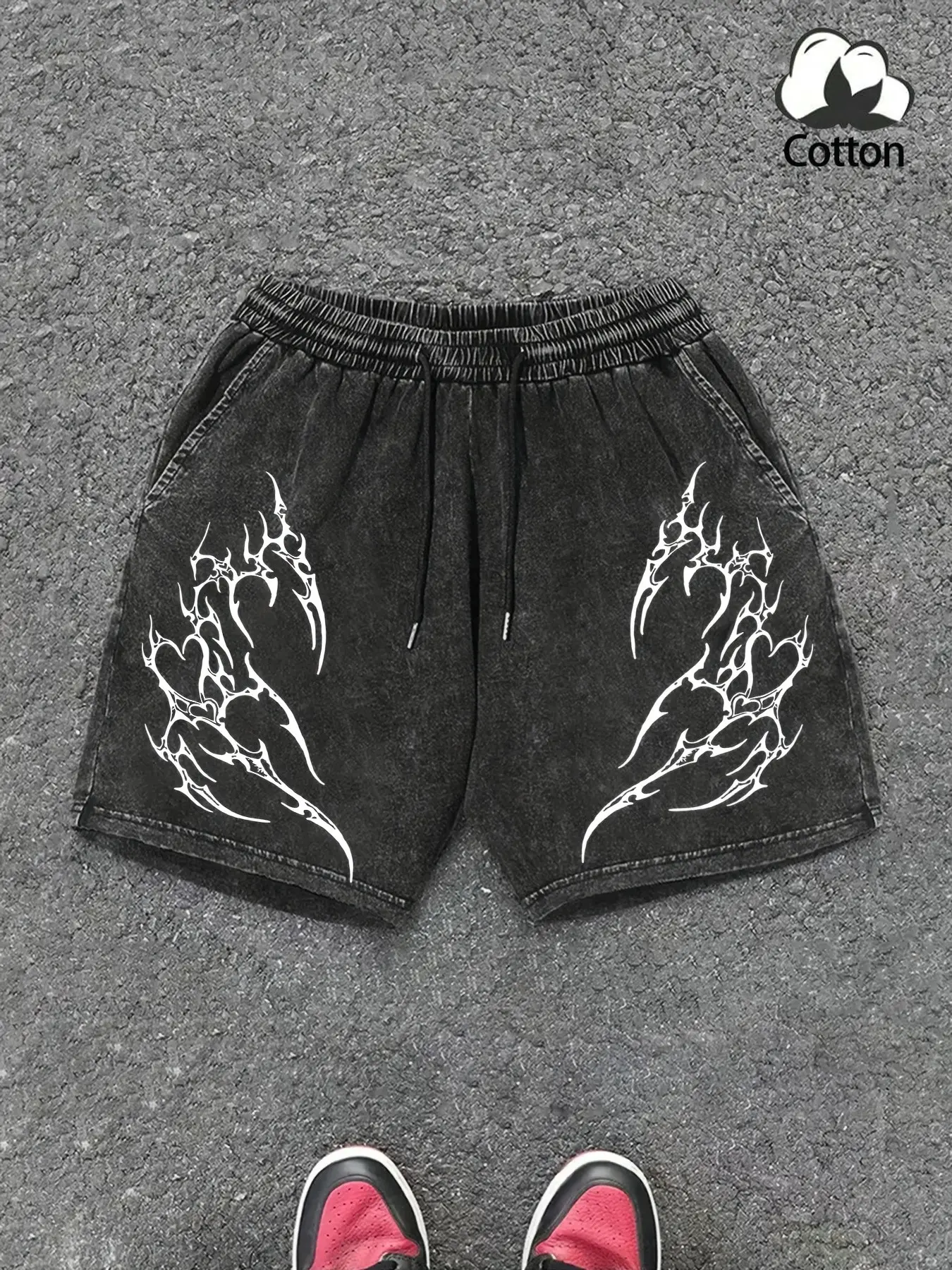Men's Loose Tribal Claw Print Acid Wash Cotton Drawstring Shorts, Y2K Cyberpunk Gothic Streetwear, Casual Daily Wear, Graphic Print Shorts, Casual Streetwear Clothes