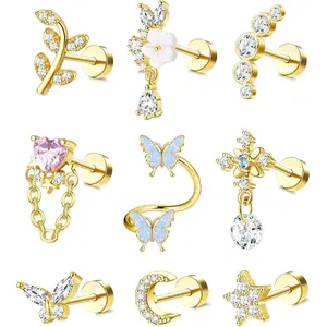 CASSIECA 16G Hypoallergenic Stainless Steel Female Cartilage Earrings Set, 9Pcs Helix Piercing Jewelry with Leaf, Butterfly Motif CZ Studs & Flat Back for Daily Wear Summervibes
