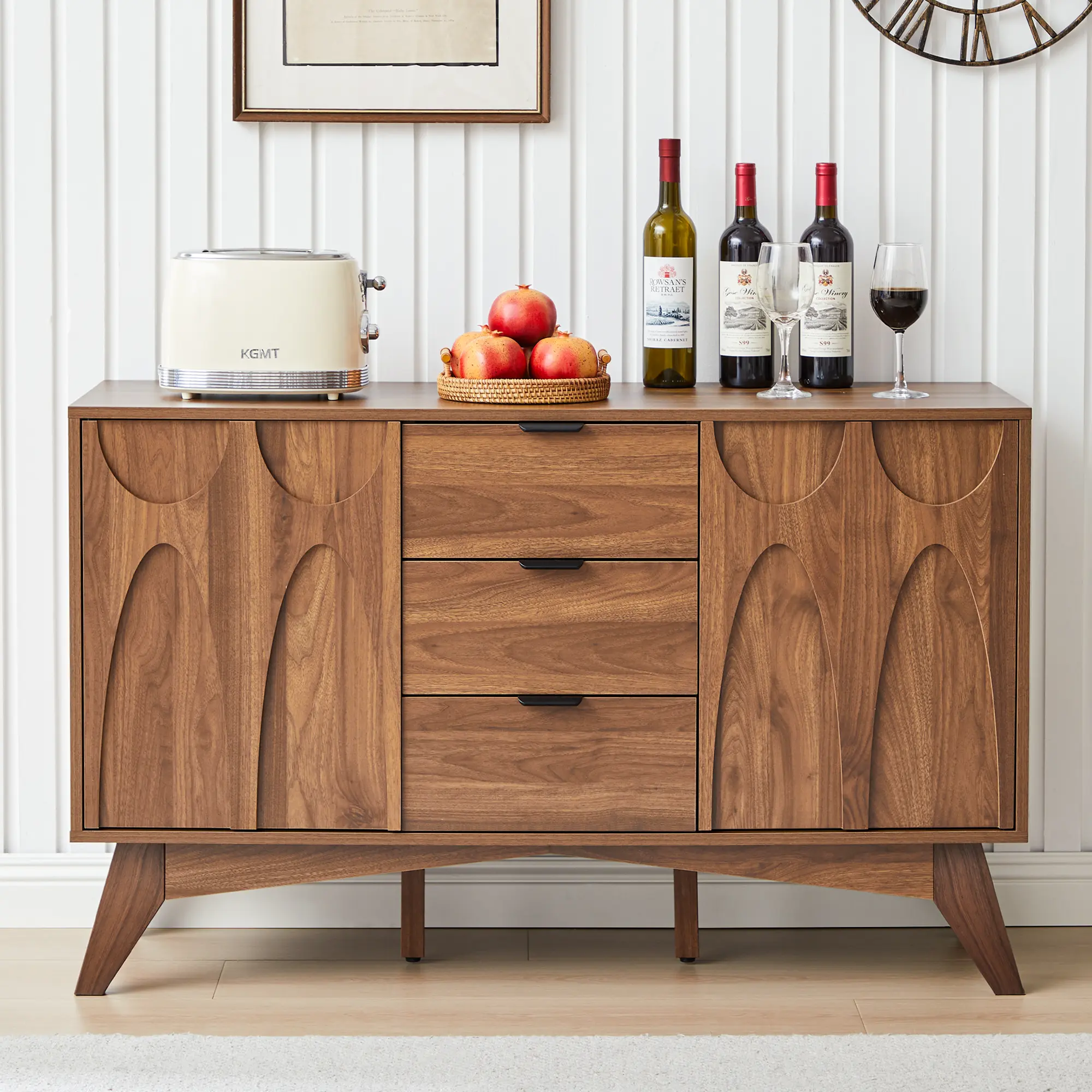 FurSch 47.2" Mid-Century Modern Buffet Cabinet with Storage, Sideboard with 3 Drawers and 2 Doors, Coffee Bar Cabinet for Living Room or Kitchen, Stylish Storage Cabinet for Home Organization
