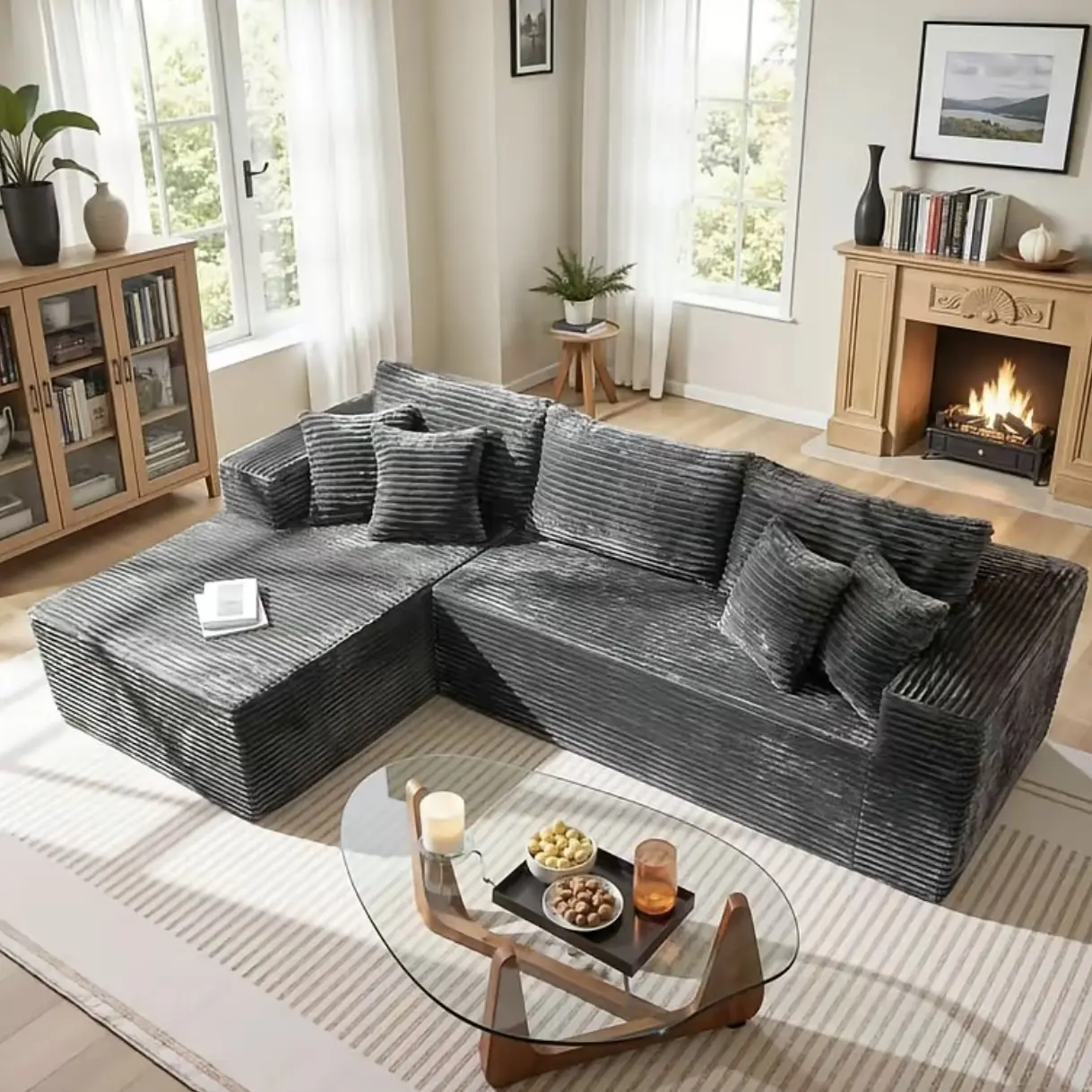 Vipworld Gray Wide Rib Corduroy Boneless Modular Sectional Sofa, 106" L-Shaped Cloud Couch with Reversible Chaise, Soft Plush Fabric, No Assembly Required, Ideal for Living Room & Apartment