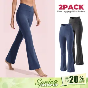 SHOWITTY Women's High Waisted 1/2 Pack Flare Leggings – Crossover Yoga Pants with Pockets Bootcut Workout & Lounge Wear