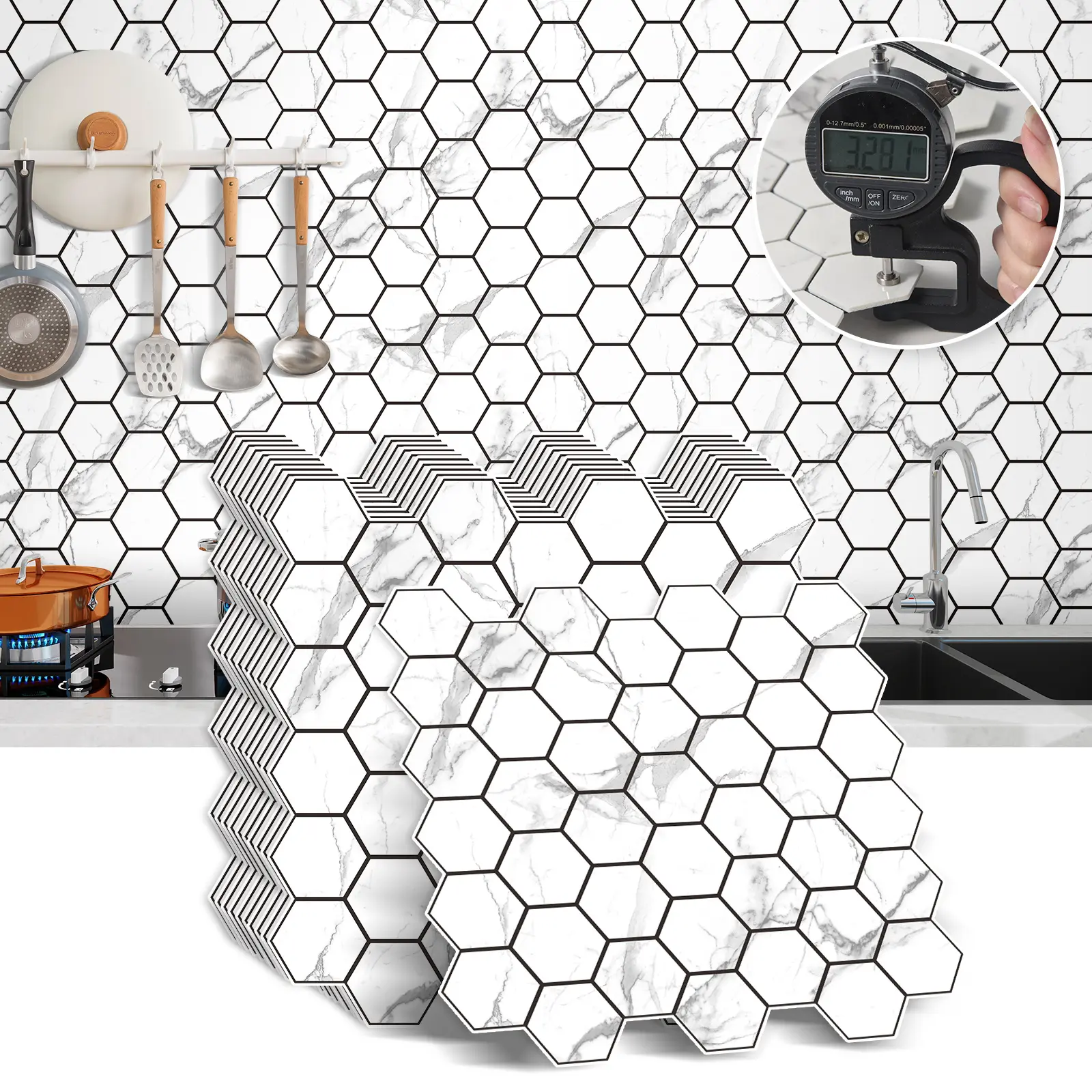 Self-Adhesive Tile Wall Stickers, 10pcs Removable PVC Tiles, Modern Minimalist Honeycomb Design, Waterproof & Scratch Resistant, Bathroom Kitchen Decor, Decorative Tile Decal Set