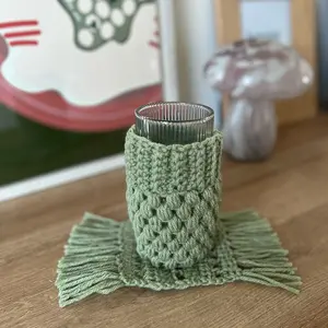 Handmade Crocheted Matcha-Green Cup Cozy Sleeve and Coaster Set for Iced Drinks Tableware