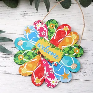 Summer Sandal Door Sign with Rope, Wooden Beach Slipper Welcome Plaque, Country Style Wall Decor for Outdoor Indoor Front Porch, Ocean Inspired Design