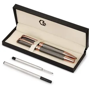 Ballpoint and Rollerball Pen Set, Stylish Line Engraved Metal Pen Elegant Smooth Writing  Pen (2 Pens with 2 Extra Refills)