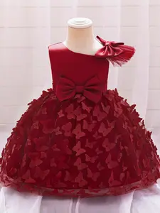 Maroon Baby Girl Clothes Butterfly Infant Christening Cocktail Toddler Bow Baptism Pageant Birthday Party Ball Gown Princess Dress for all Season 12 Months to 3 Years