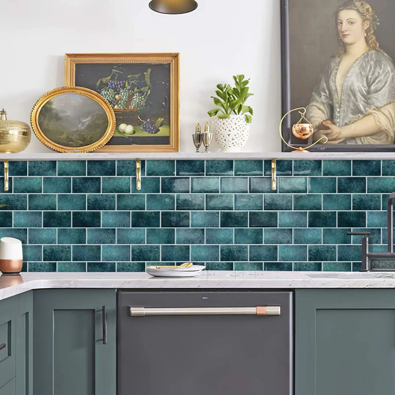 DEWOO 10-Pack 12"x12" Deep Teal Blue-Green Subway Mosaic Peel and Stick Backsplash Tiles, Glossy Glass-Look Self-Adhesive Stickers, Waterproof Heat-Resistant Wall Decor for Kitchen, Renter-Friendly DIY Home Makeover Decor