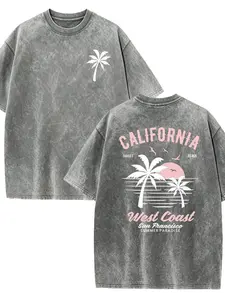 Washed Cotton California Graphic Tee – 250g Soft Vintage Surf Beach Tee with Palm Trees & Retro Print, Loose Fit Summer Casual Shirt for Men Women, Unisex Machine Washable-1