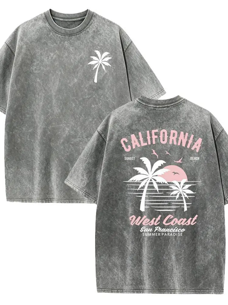 Washed Cotton California Graphic Tee – 250g Soft Vintage Surf Beach Tee with Palm Trees & Retro Print, Loose Fit Summer Casual Shirt for Men Women, Unisex Machine Washable-1