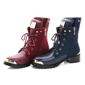 Women's Lace Up Combat Booties Mid-Calf Goldtone Plated Details